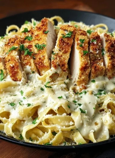 Crispy Chicken Fettuccine Alfredo with golden chicken and creamy sauce on a plate