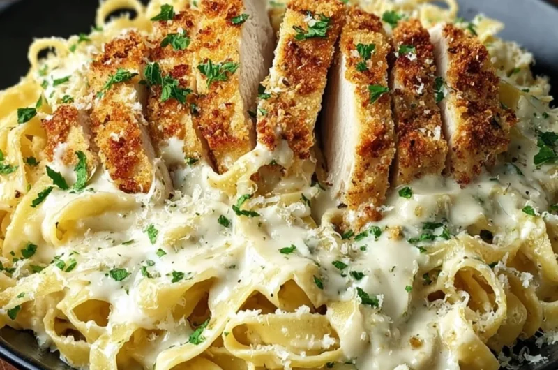 Crispy Chicken Fettuccine Alfredo with golden chicken and creamy sauce on a plate