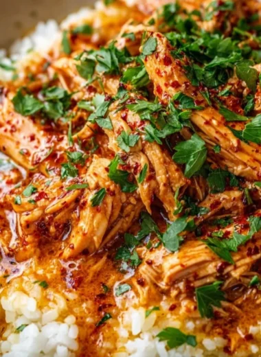 Delicious bowl of Crockpot Cajun Butter Chicken served with rice and herbs