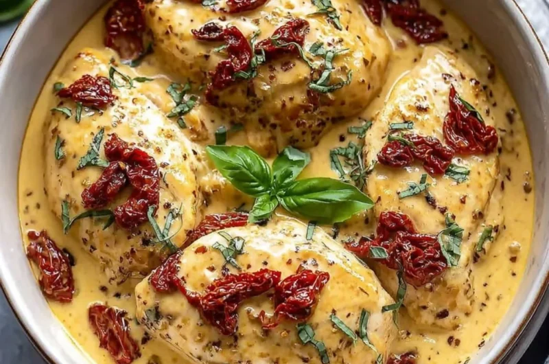 Delicious Crockpot Marry Me Chicken served with herbs and creamy sauce