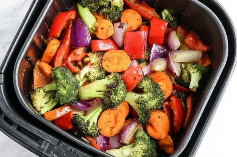 Bowl of easy air fryer roasted vegetables featuring colorful peppers, carrots, and zucchini.