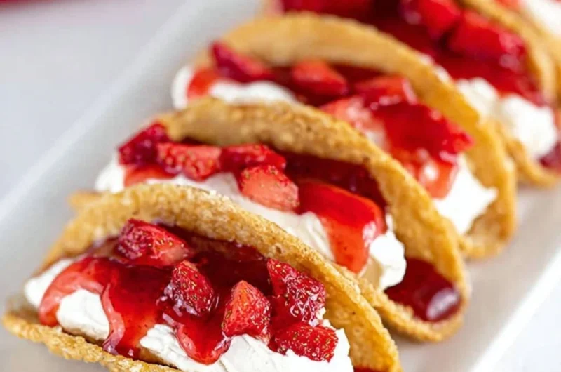 Delicious easy cheesecake tacos with creamy filling and sweet toppings