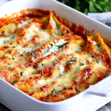 Easy stuffed shells filled with ricotta and marinara sauce on a plate.