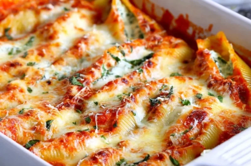 Easy stuffed shells filled with ricotta and marinara sauce on a plate.