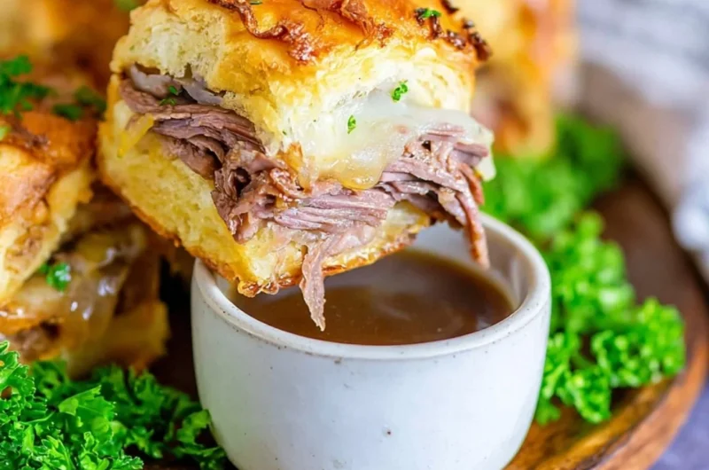 French Dip Sliders served with au jus for dipping