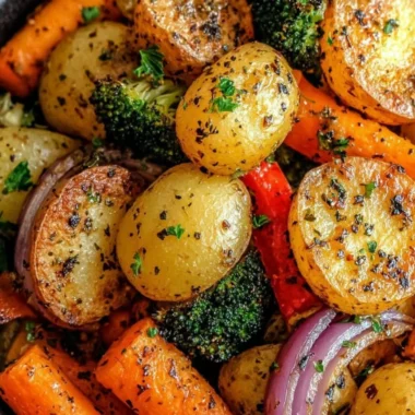 Garlic herb roasted potatoes and mixed vegetables on a platter