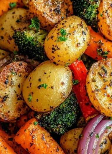 Garlic herb roasted potatoes and mixed vegetables on a platter