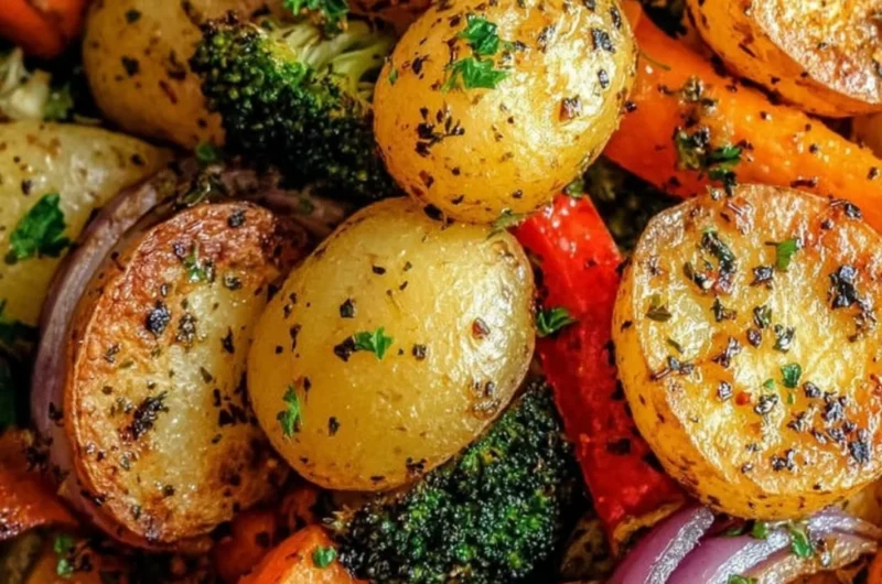 Garlic herb roasted potatoes and mixed vegetables on a platter