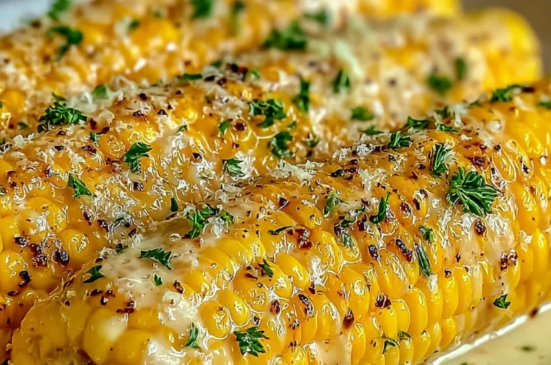 Delicious Garlic Parmesan Corn on the Cob served grilled and garnished