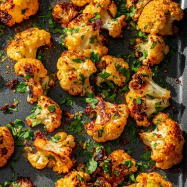 Garlic-Parmesan roasted cauliflower served on a white plate