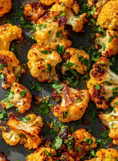 Garlic-Parmesan roasted cauliflower served on a white plate