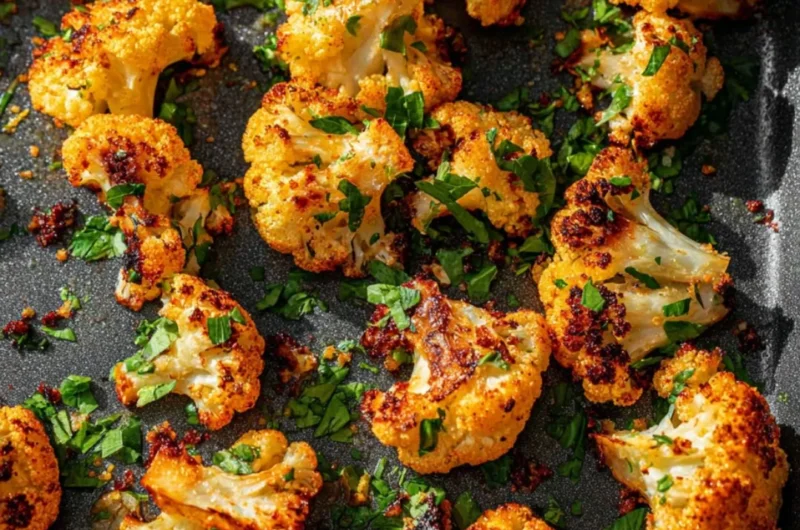 Garlic-Parmesan roasted cauliflower served on a white plate