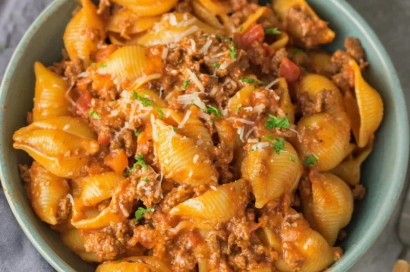 High protein taco pasta with colorful ingredients in a bowl