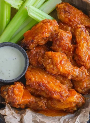 Plate of homemade buffalo wings served with celery and blue cheese dressing