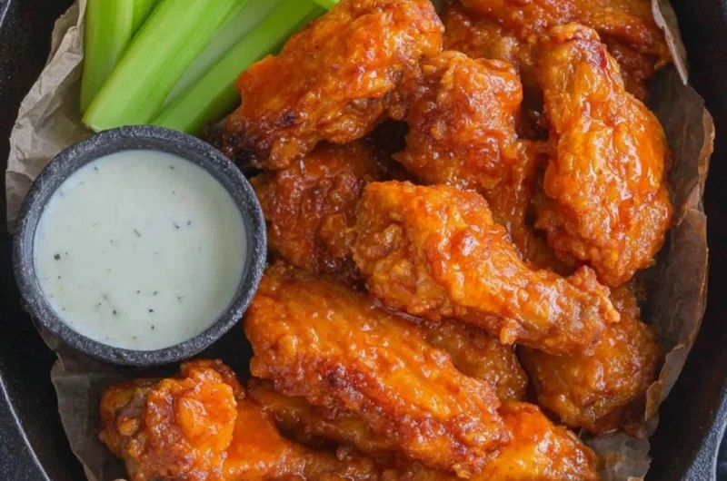 Plate of homemade buffalo wings served with celery and blue cheese dressing