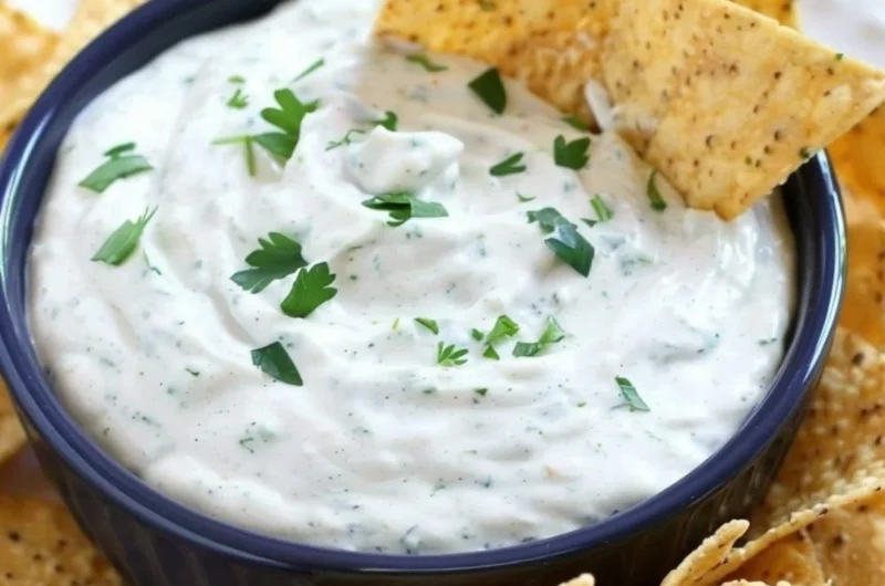 Bowl of homemade ranch dip with fresh vegetables and crackers