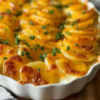 Baked homemade scalloped potatoes garnished with cheese and herbs.