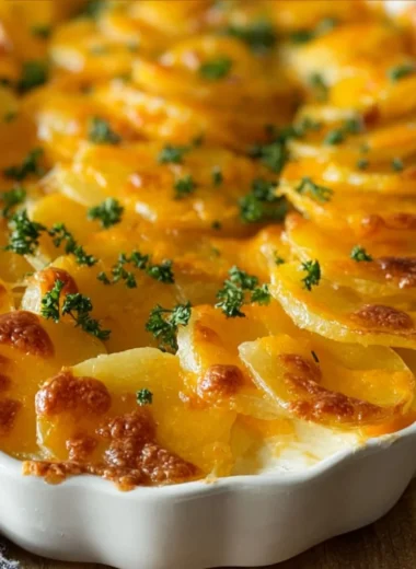 Baked homemade scalloped potatoes garnished with cheese and herbs.