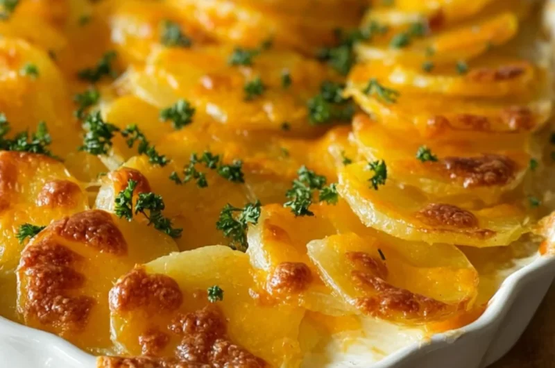 Baked homemade scalloped potatoes garnished with cheese and herbs.