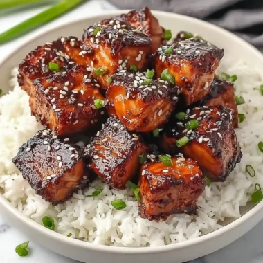Honey garlic salmon bites served in a flavorful bowl with vegetables