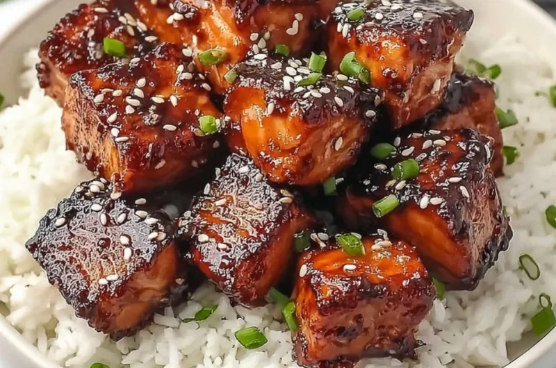 Honey garlic salmon bites served in a flavorful bowl with vegetables