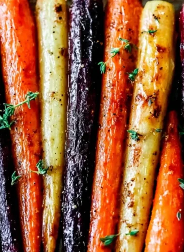 Plate of honey roasted colorful carrots garnished with herbs