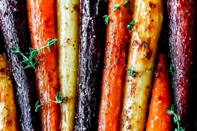 Plate of honey roasted colorful carrots garnished with herbs
