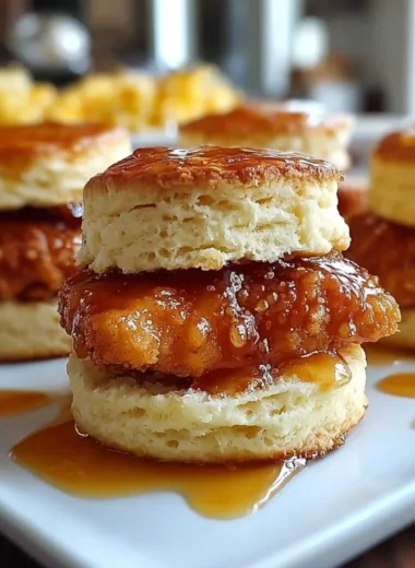 Hot honey chicken biscuits served with a drizzle of honey