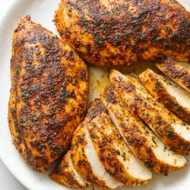 Juicy baked chicken breast served with vegetables on a plate