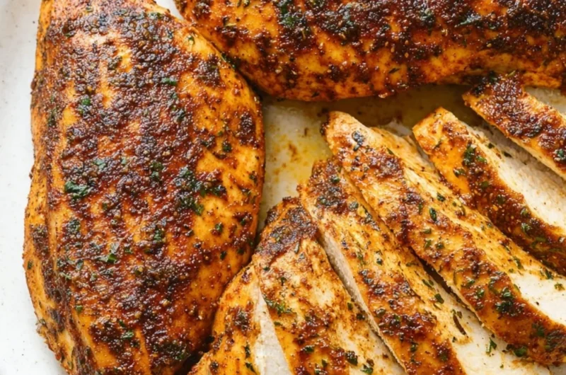 Juicy baked chicken breast served with vegetables on a plate