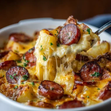 Kielbasa Sausage Cheesy Potato Casserole dish served in a baking dish