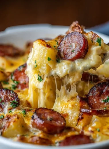 Kielbasa Sausage Cheesy Potato Casserole dish served in a baking dish
