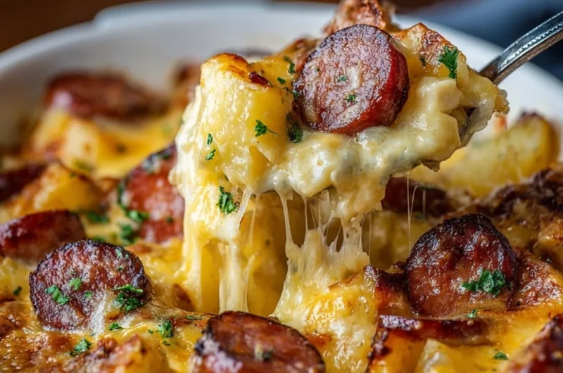 Kielbasa Sausage Cheesy Potato Casserole dish served in a baking dish