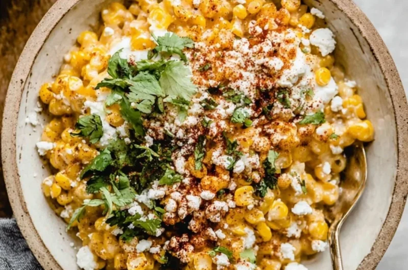 Mexican street corn casserole served in a baking dish with toppings