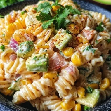 A bowl of Mexican street corn pasta salad, vibrant with ingredients and flavors.