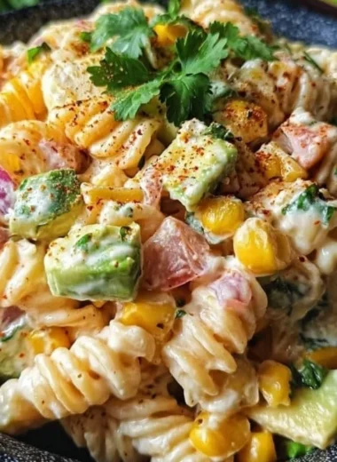 A bowl of Mexican street corn pasta salad, vibrant with ingredients and flavors.