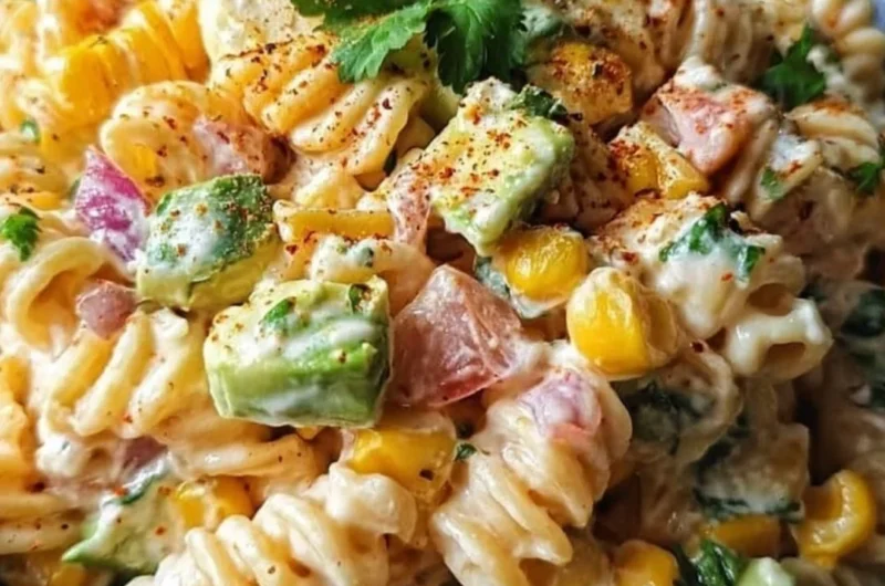 A bowl of Mexican street corn pasta salad, vibrant with ingredients and flavors.