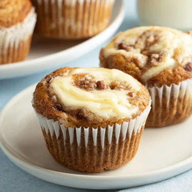 Moist banana cream cheese muffins fresh out of the oven on a cooling rack.
