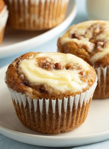 Moist banana cream cheese muffins fresh out of the oven on a cooling rack.