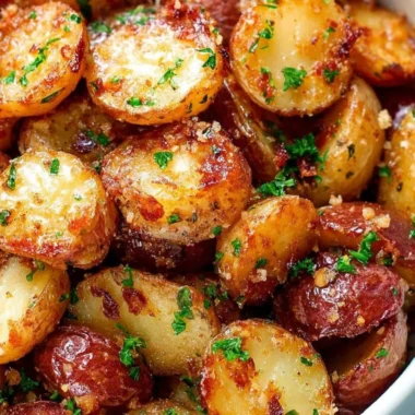 Bowl of crispy Parmesan roasted potatoes garnished with herbs
