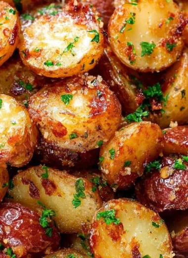 Bowl of crispy Parmesan roasted potatoes garnished with herbs