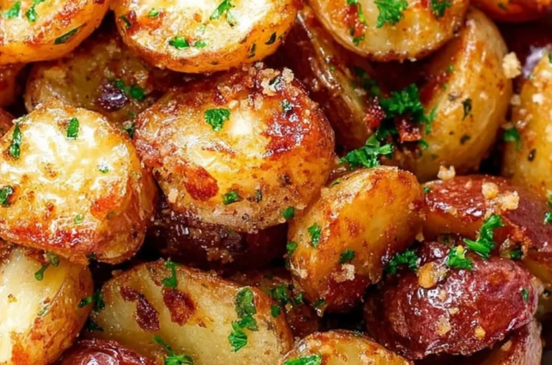 Bowl of crispy Parmesan roasted potatoes garnished with herbs