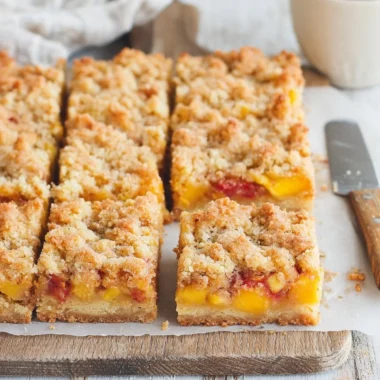 Delicious Peaches and Cream Crumble Bars with fresh peaches and creamy topping.