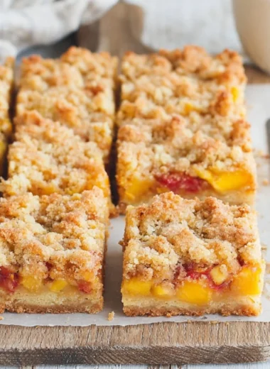 Delicious Peaches and Cream Crumble Bars with fresh peaches and creamy topping.