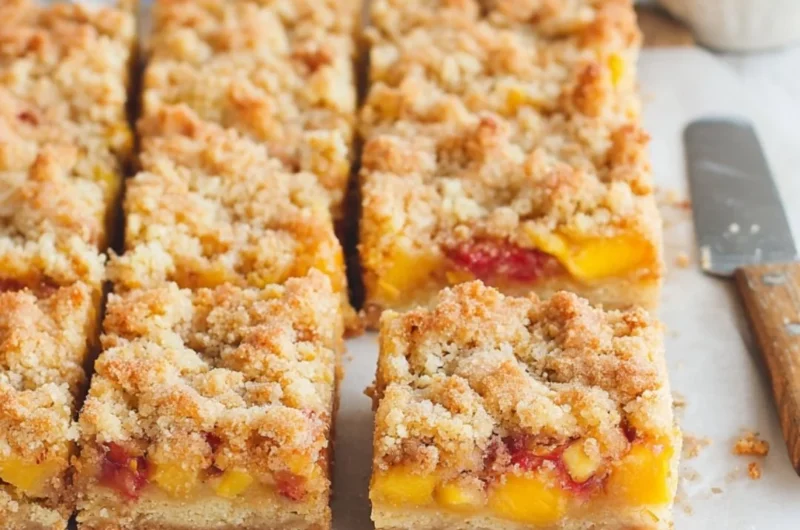 Delicious Peaches and Cream Crumble Bars with fresh peaches and creamy topping.