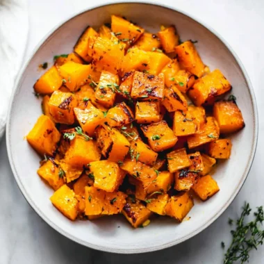Roasted butternut squash garnished with herbs on a serving plate