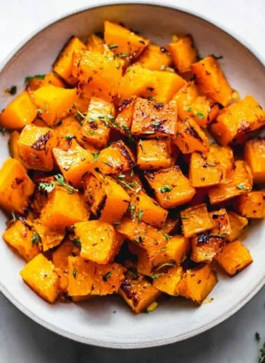 Roasted butternut squash garnished with herbs on a serving plate