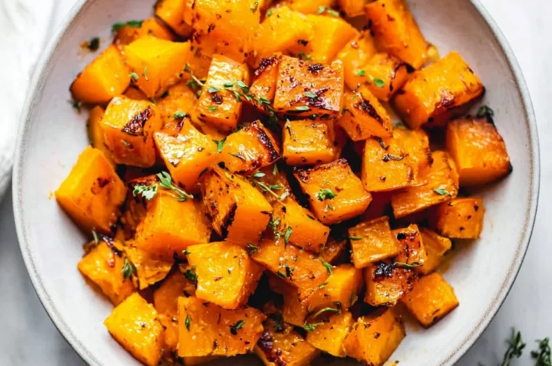 Roasted butternut squash garnished with herbs on a serving plate