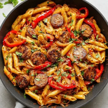 A plate of sausage pasta topped with fresh herbs and parmesan cheese.