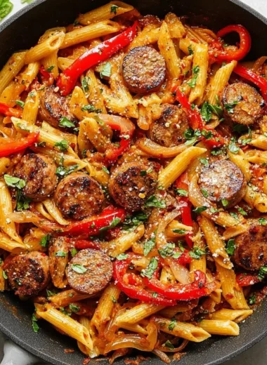 A plate of sausage pasta topped with fresh herbs and parmesan cheese.